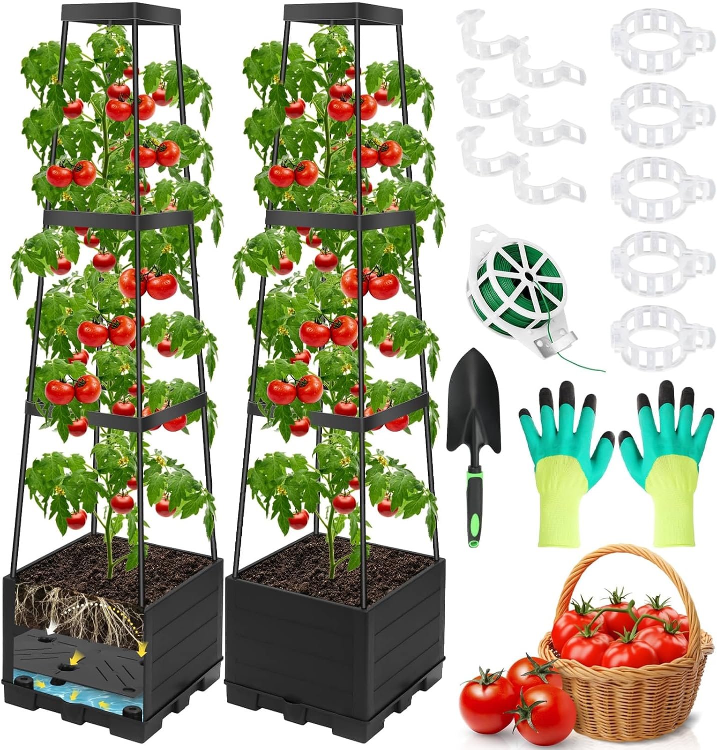 2 Packs Tomato Planter Pot with Raised Bed Trellis, 45"