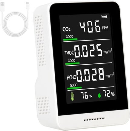 5-in-1 Air Quality Monitor Indoor for CO2/HCHO/TVOC/Temp/Hum, Portable Real-time Detector, LCD Display, Suitable for Baby Room, Living Room, Office, Kitchen, Warehouse