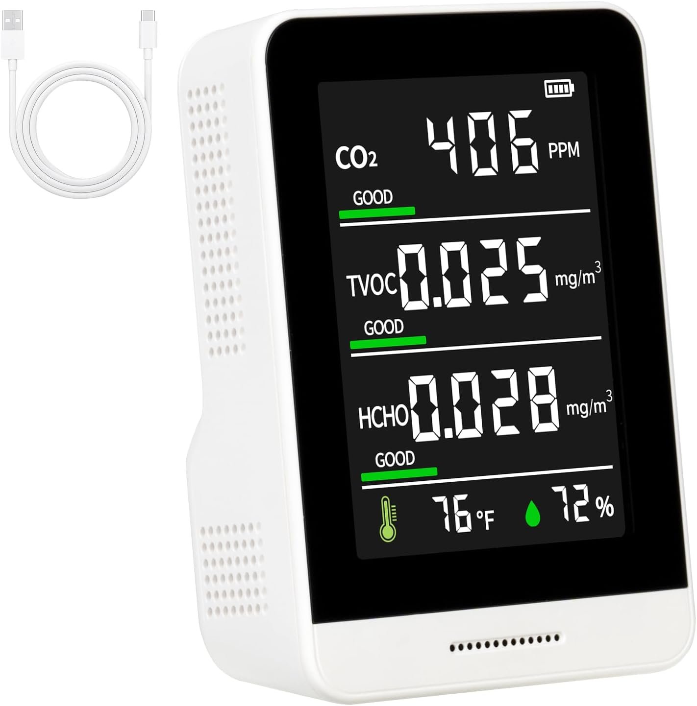 5-in-1 Air Quality Monitor Indoor for CO2/HCHO/TVOC/Temp/Hum, Portable Real-time Detector,