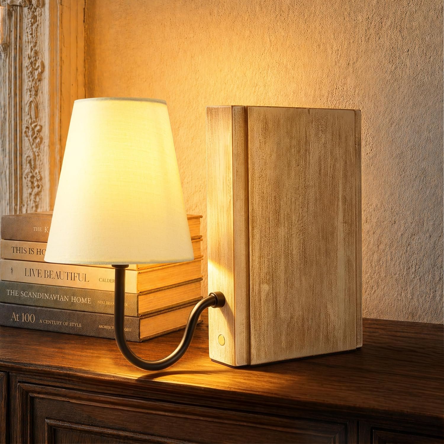 AELS Wooden Bookshelf Lamp with Bulb, Cordless Rechargeable Touch Dimmable