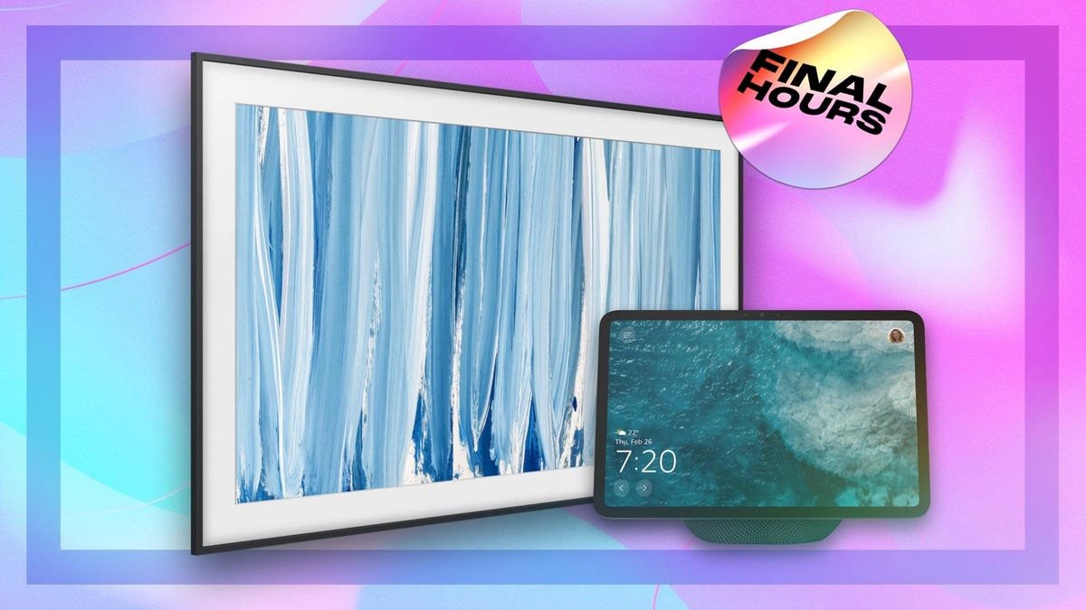 Samsung Frame Pro TV and an Amazon Echo Show 11 smart display against a blue and pink gradient background