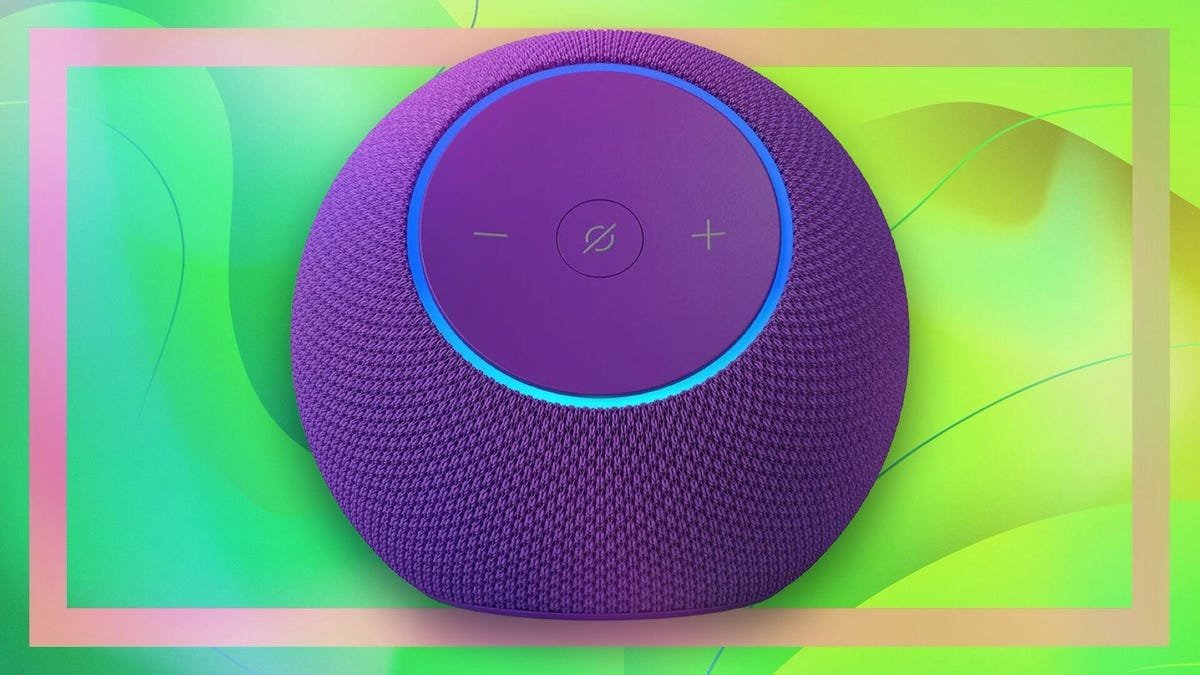 Amazon Echo Dot Max in purple on green background