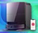 Roborock Saros 10r robot vacuum on a blue background
