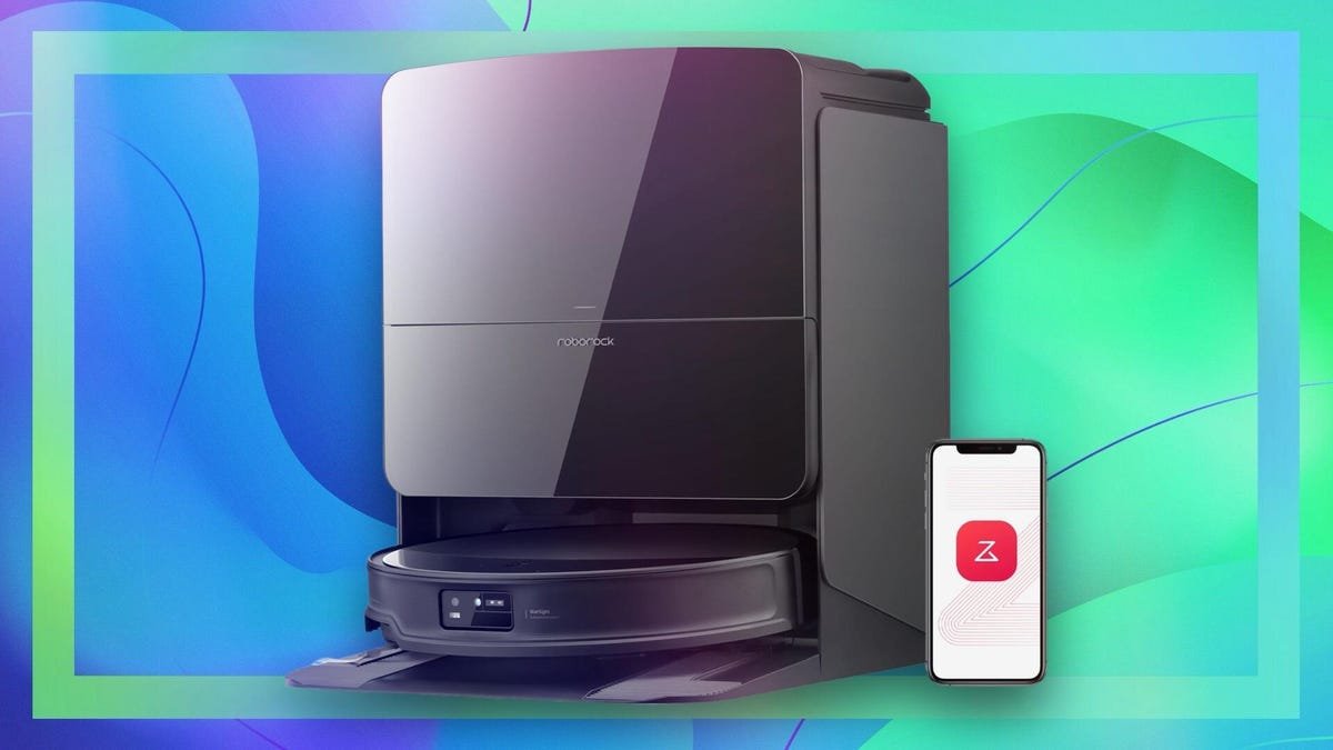 Roborock Saros 10r robot vacuum on a blue background