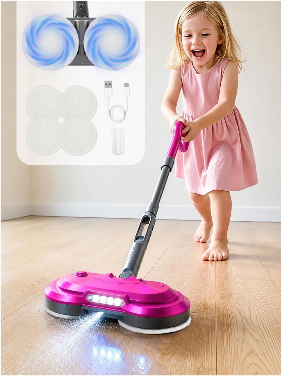 BLAXTEM Kids Electric Spray Spin Mop Toy, Rechargeable Cordless Electric