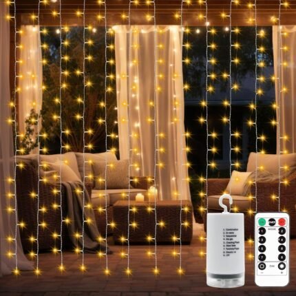 Battery Operated Curtain Lights,9.8ft×9.8ft 300 LED Curtain Lights with Remote Timer 8 Modes, Waterproof Hanging Fairy Lights for Outdoor Indoor Wedding Christmas Decor (Warm White)