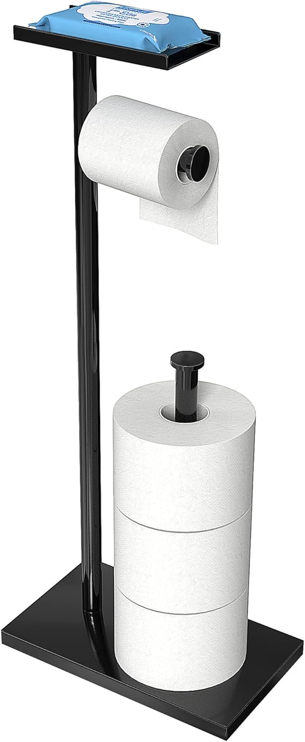 CISILY Black Toilet Paper Holder Stand with Phone Shelf, Bathroom
