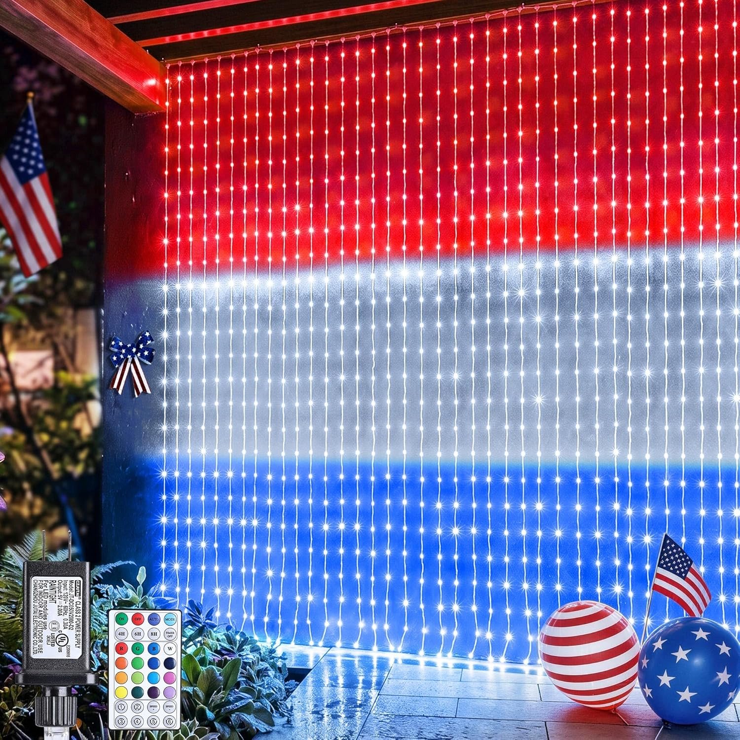 Color Changing Curtain Lights, 256 LED Red White Blue Window
