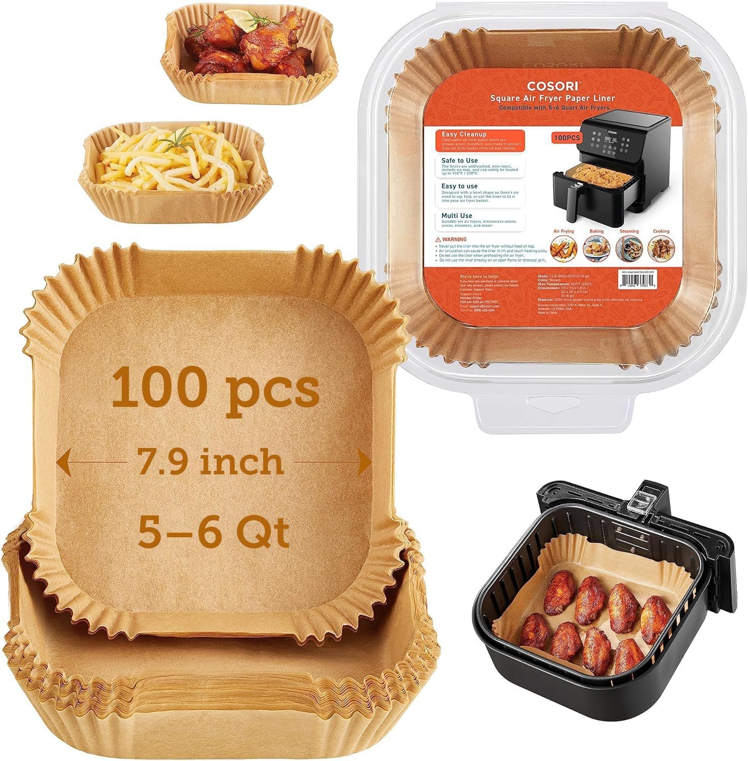 Cosori Air Fryer Liners, 100 PCS Square Disposable Paper Liners,