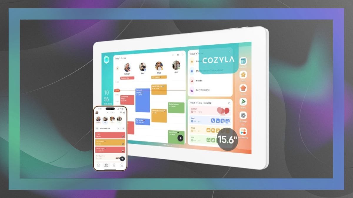 A phone with the Cozyla Calendar Plus 2 app on display next to the Cozyla Calendar Plus 2 device on a multicolor CNET background