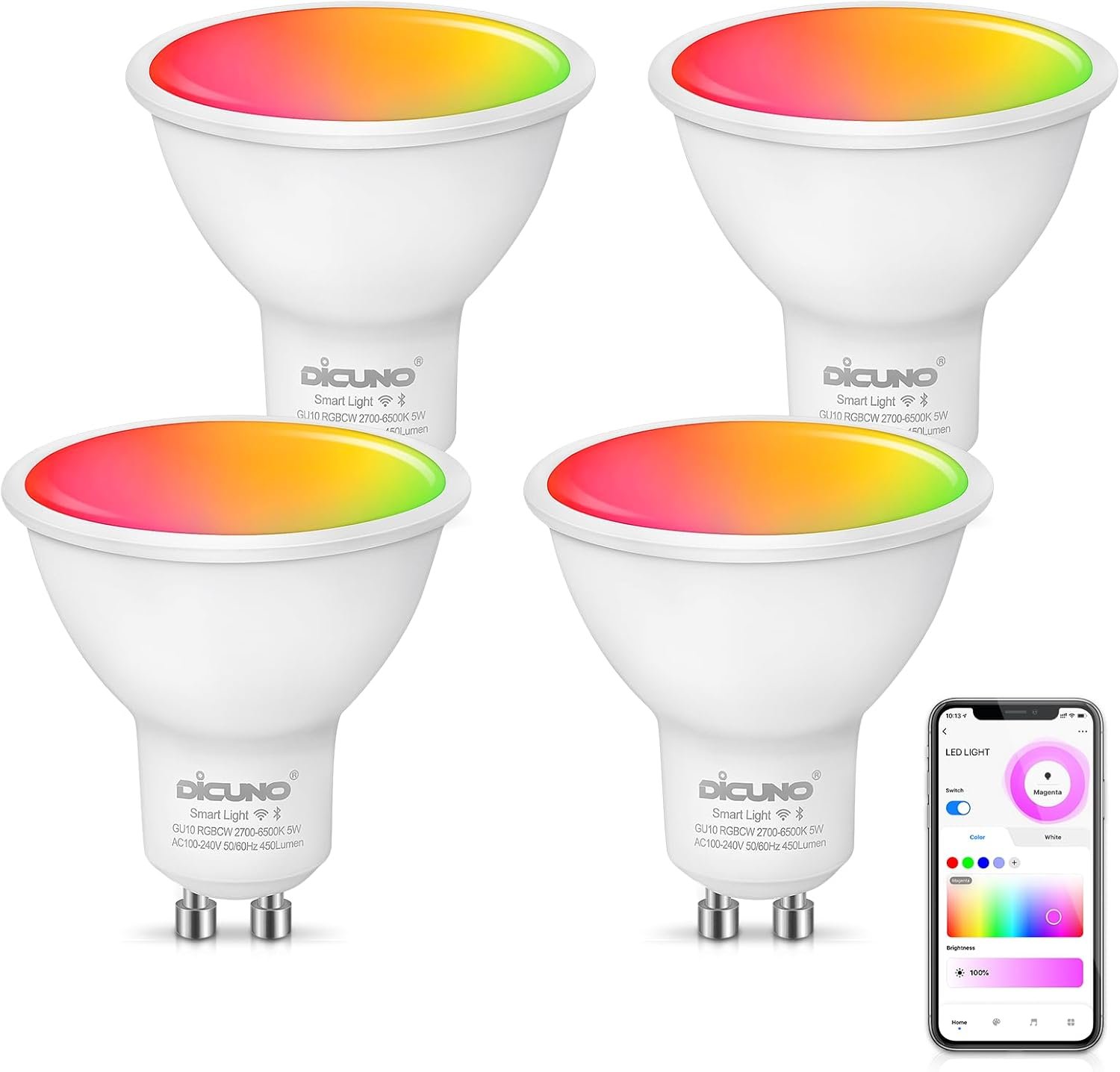 DiCUNO Smart GU10 LED Bulb, RGB Color Changing LED Compatible