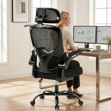 Ergonomic Office Chair, 330lbs Mesh Desk Chair with Adjustable Lumbar Support, 3D Headrest and Flip-Up Arms, Comfortable High Back Computer Chair for Home Office