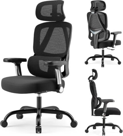 Ergonomic Office Chair with 3D Headrest, 5D Armrests, 2-Level Lumbar Support, 135° Reclining Mesh Desk Chair, Thick Sponge Seat, High Back Computer Chair for Home Office