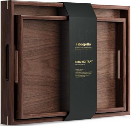 Fibogollo Set of 2 Walnut Wooden Serving Tray with Handles,Decorative Trays Platter,Breakfast Tray in Bed,Large Coffee Table Tray, Food Drinks Trays for Eating,Working,Storing