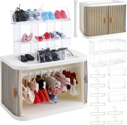 Foldable Doll Wardrobe, Organizer Cabinet with 10 Hangers 3 Storage Box 1 Doll Accessories Display Box & Rod, Doll Clothes Closet for Storing 15/17cm Outfits with Cover & Display Shelf