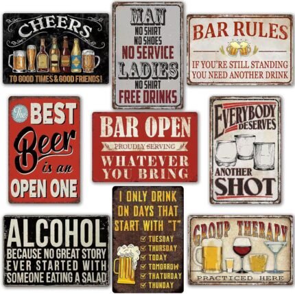 Funny Bar Signs For Home Bar Decor Metal Tin Signs Vintage Man Cave Sign Bar Accessories Garage Decor For Men Pub Wall Decor Open Rules Tin Sign 8×12 Inch (9 Pcs)