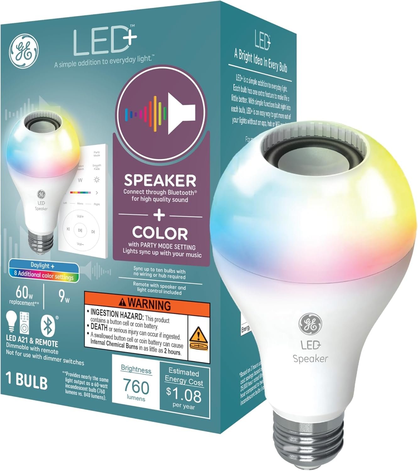 GE LED+ Color Changing Speaker LED Light Bulb with Remote,