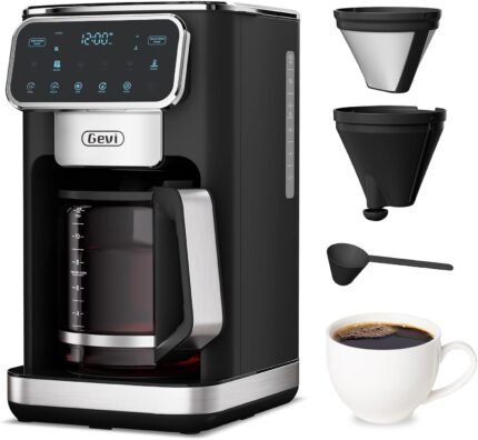 Gevi 12-Cup Programmable Coffee Maker with Touchscreen, Strong Brew & Iced Coffee Options, Auto Shut-Off, 4-Hour Keep Warm, Glass Carafe, Anti-Drip System, Permanent Filter Included