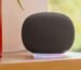 A hazel Google Home Speaker sits on a wood table.