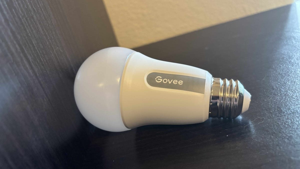 A Govee smart bulb lies on a black bookshelf.