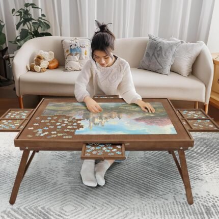 HALLYBEE Puzzle Table 1500 Pieces Wooden Puzzle Board with Legs, 34.3”x 26.5” Jigsaw Board with 4 Drawers and Cover, Foldable Leg Jigsaw Table for Adults Cho Brown