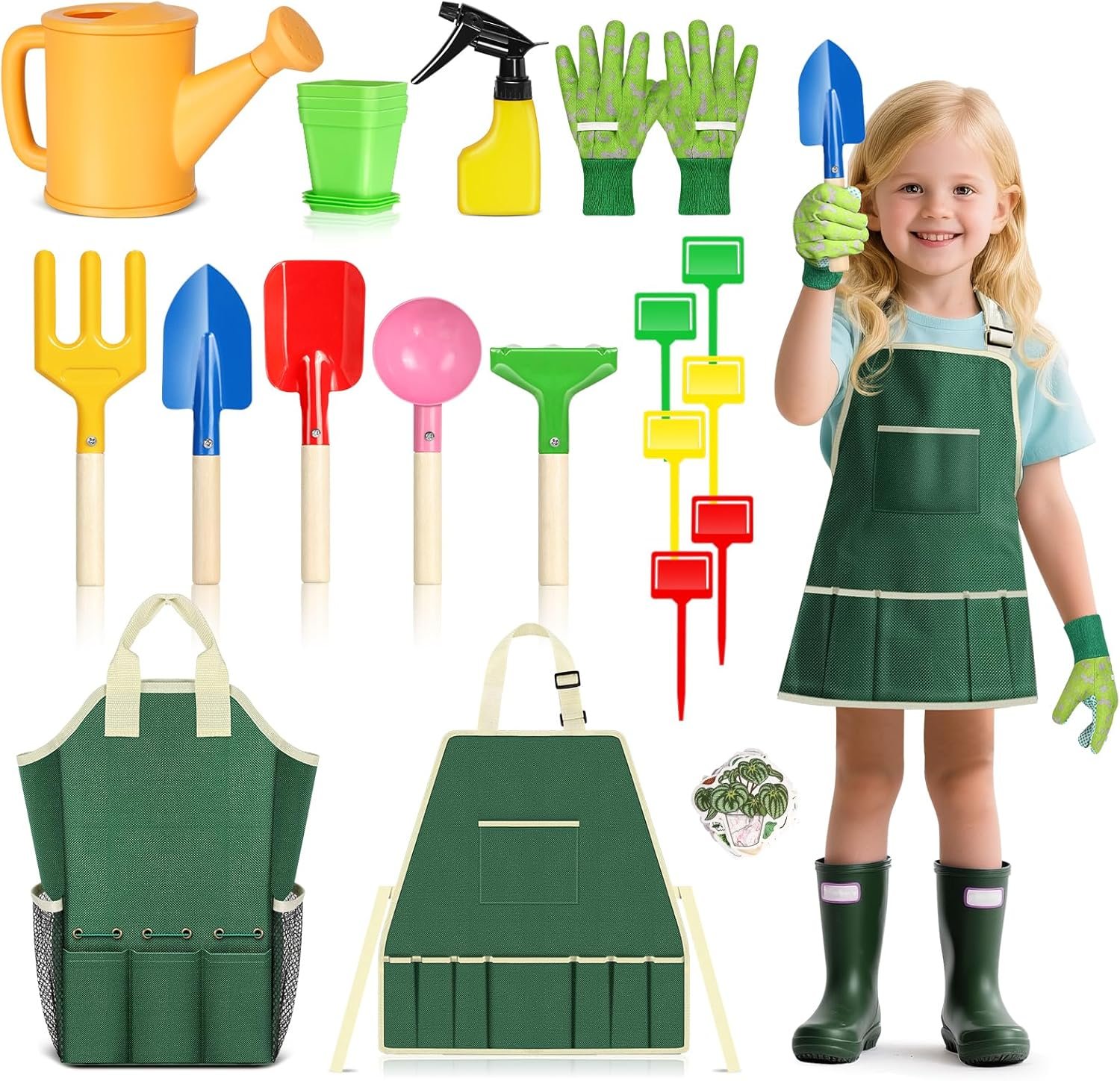 Kids Gardening Tool Set, 20PCS Gardening Toys Includes Metal Rake,Fork,Trowel,Apron,Gloves,Watering