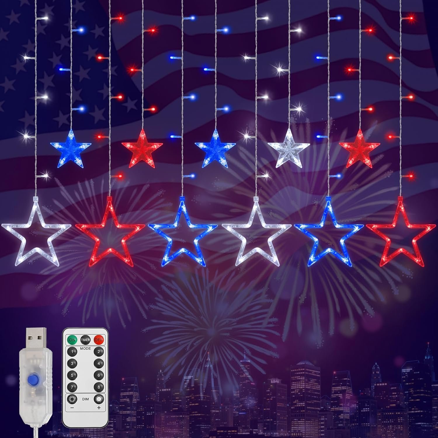 Lewondr 4th of July Curtain String Lights, 11.5FT 138 LED