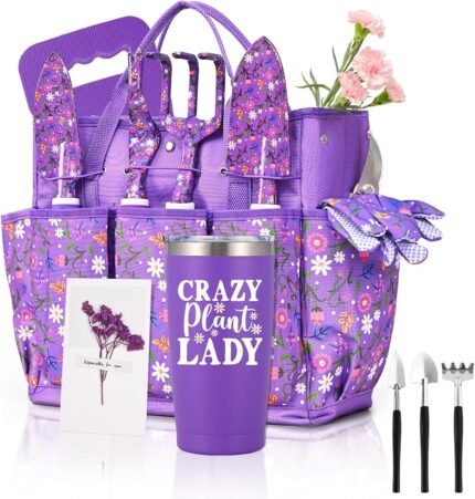 Lifecapido Gardening Gifts for Women, Garden Tool Set, 14 PCS Gardening Tools Set Kit with Tool Bag, Plant Lover Birthday Christmas Mothers Day Garden Tools Gifts for Gardeners Women Mom (Purple)