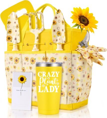 Lifecapido Gardening Gifts for Women, Gardening Hand Tools, 9 PCS Sunflower Garden Tool Set Kit with Garden Tool Bag, Birthday Christmas Mothers Day Garden Tools Gifts for Gardeners Women Mom (Yellow)