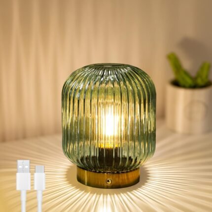 MJ PREMIER Rechargeable Table Lamp, Green Glass Lamp with Memory Function, Small Cordless LED Lamp with Dimmable Brightness, Decorative Touch Lamps for Bedroom Living Room (Green)