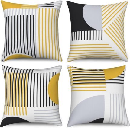 Modern Minimalist Throw Pillow Covers Geometric Striped Pillowcase Boho Line 20x20 Set of 4 Abstract Art Simple Yellow Cushion Covers for Bed Couch Sofa Living Room Garden Patio Car Decor