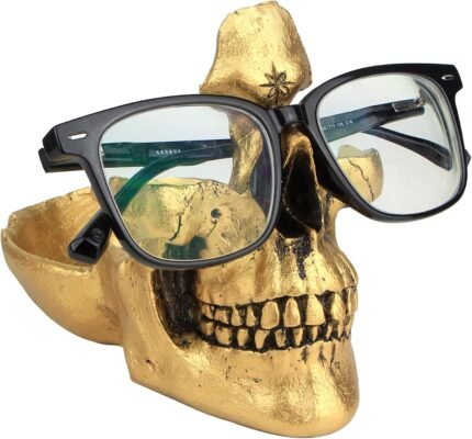 Mrlikale Skull Glasses Stand Holder, Creative Eyeglasses Holder, Sunglasses Spectacle Display Rack, Key Holder Resin Sculptures for Entryway, Home, Office, Desk, Nightstand (Gold)