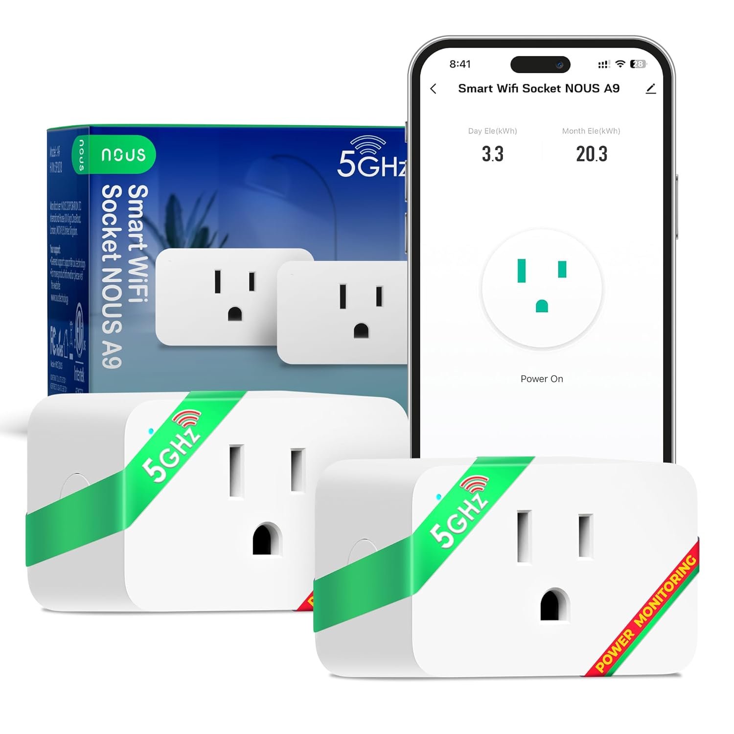 NOUS Wi-Fi Smart Plug 15A, Dual-Band 2.4GHz & 5GHz, Energy