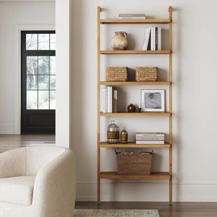 Nathan James Beacon Scandinavian 6-Shelf Wooden Wall Mounted Bookcase, Rustic Solid Wood Bookshelf, Warm Pine