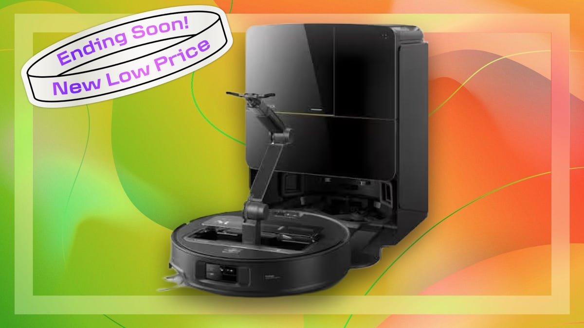 A robot vacuum and mop with an extendable arm on a CNET Prime Day background.