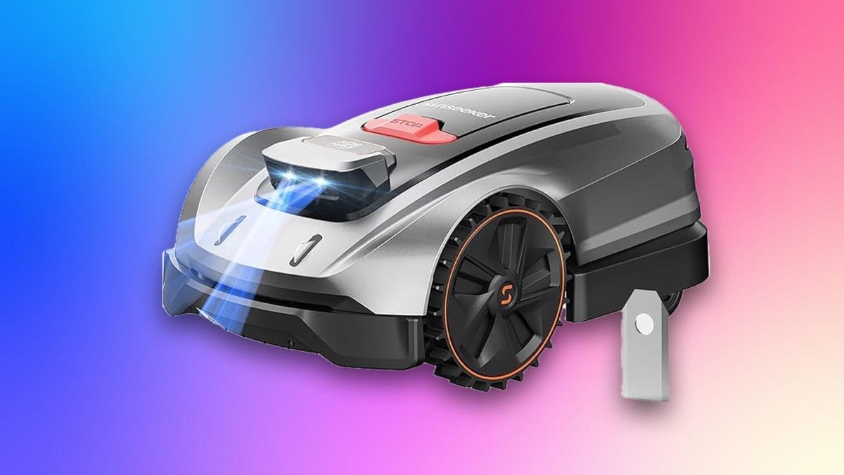 The Sunseeker X3 Plus robot lawn mower on a CNET background