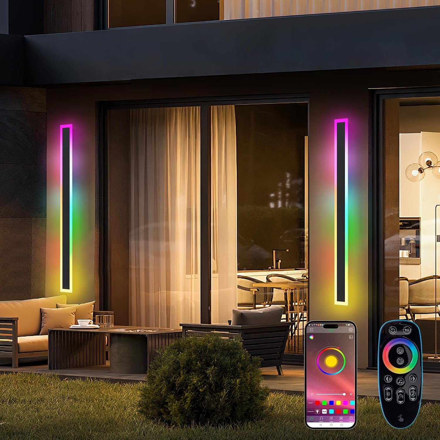 Outdoor RGB Long Wall Lights, 23.6inch 2 Pack RGB/Warm/White Dimmable