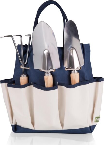 PICNIC TIME Garden Bag with Tool Set - Garden Tool Organizer Bag - Gardening Tools Gifts for Women and Men, (Navy Blue with Beige Accents)