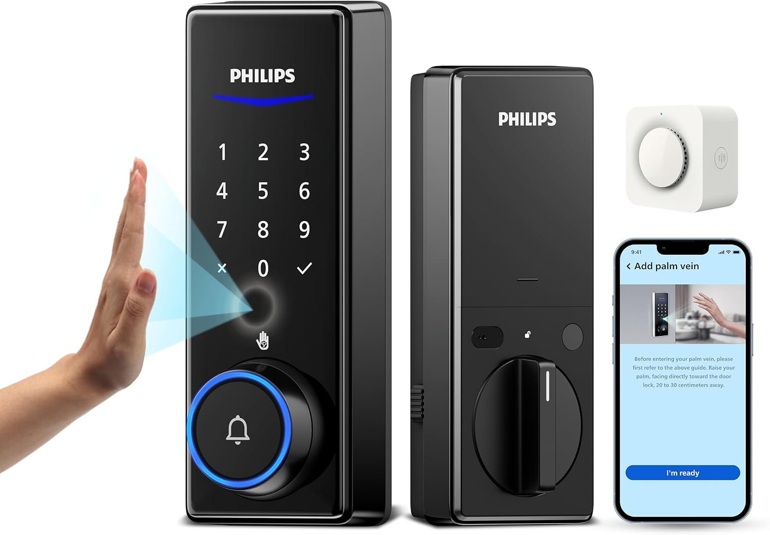 Philips Palm Vein WiFi Smart Lock, 2-in-1 Doorbell+Palm Vein Smart