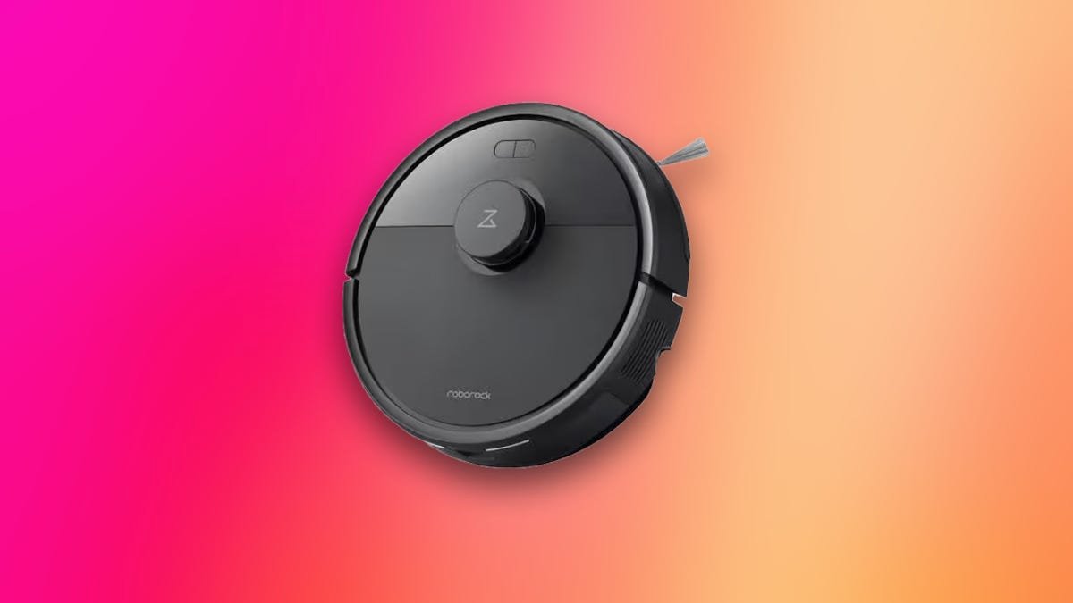 A robot vacuum and mop on a pink and orange CNET background.