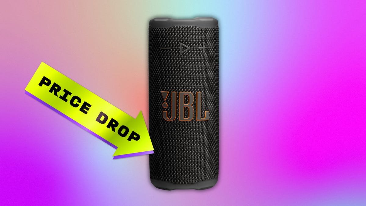 A portable speaker by JBL in black color with two stickers, "price drop" and "last chance deals" on a CNET background.