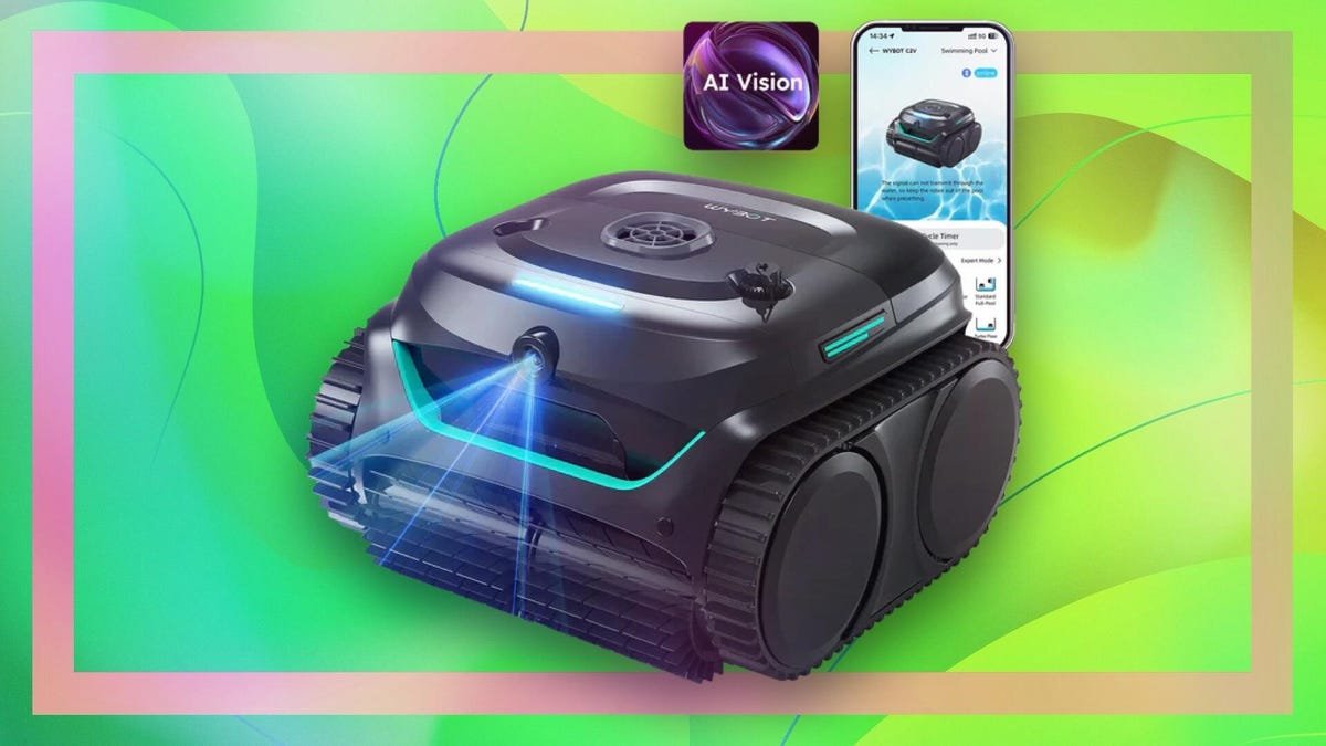 Wybot C2 Vision robot pool cleaner on a green background