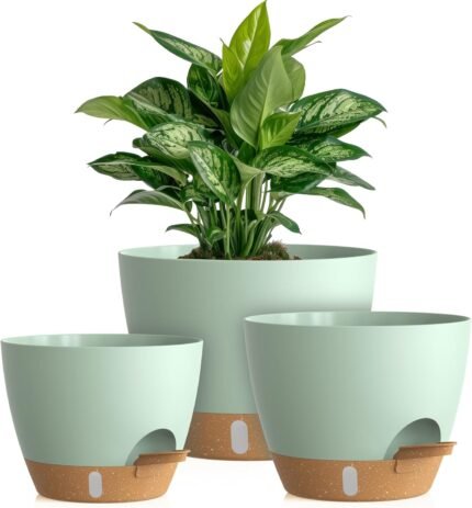 Self Watering Pots with Drainage Holes, 3 Pack 12/10/8 Inch Plant Pots with Water Level Indicator Deep Reservoir, Large Plastic Planter for Indoor Outdoor Plants - Green Brown