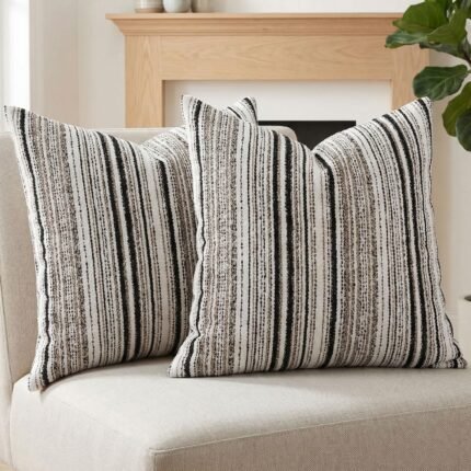 Set of 2 Striped Chenille Throw Pillow Covers 18x18 Inches Premium Plush Textured Decorative Cushion Covers Reinforced Hidden Zipper Mid-Century Modern Farmhouse Decor for Couch Sofa Black