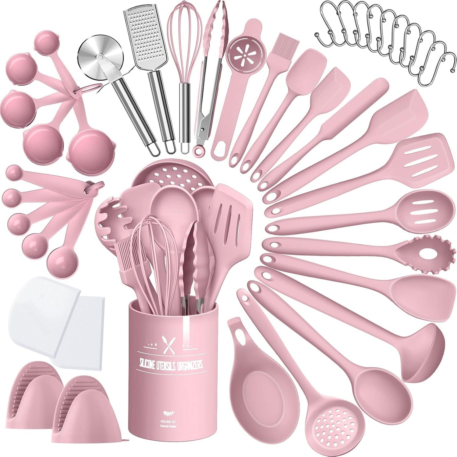 Silicone Cooking Kitchen Utensil Set, AIKKIL 43 Pcs Pink Cooking