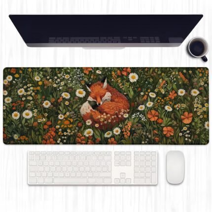 Sleeping Fox Gaming Mouse Pad, Extended Cozy Woodland Floral Desk Mat Computer Laptop Mousepad, Robust Stitched Edges, 31.5"×11.8" Large Office Keyboard Mouse Pads for Home Desktop Decor