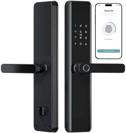 Smart Door Lock with Handle – Keyless Entry Deadbolt with Fingerprint, Touchscreen Keypad, Tuya App Control, Passcode & Key, Doorbell, Auto Lock Electronic Front Door Lock for Home Security, Black