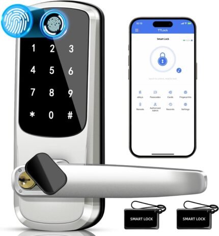 Smart Lock with Handle Set, Biometric Fingerprint Keyless Entry Deadbolt, Electronic Digital Keypad with App Control & Auto-Lock for Front Door, Home, Airbnb & Rental, Satin Nickel
