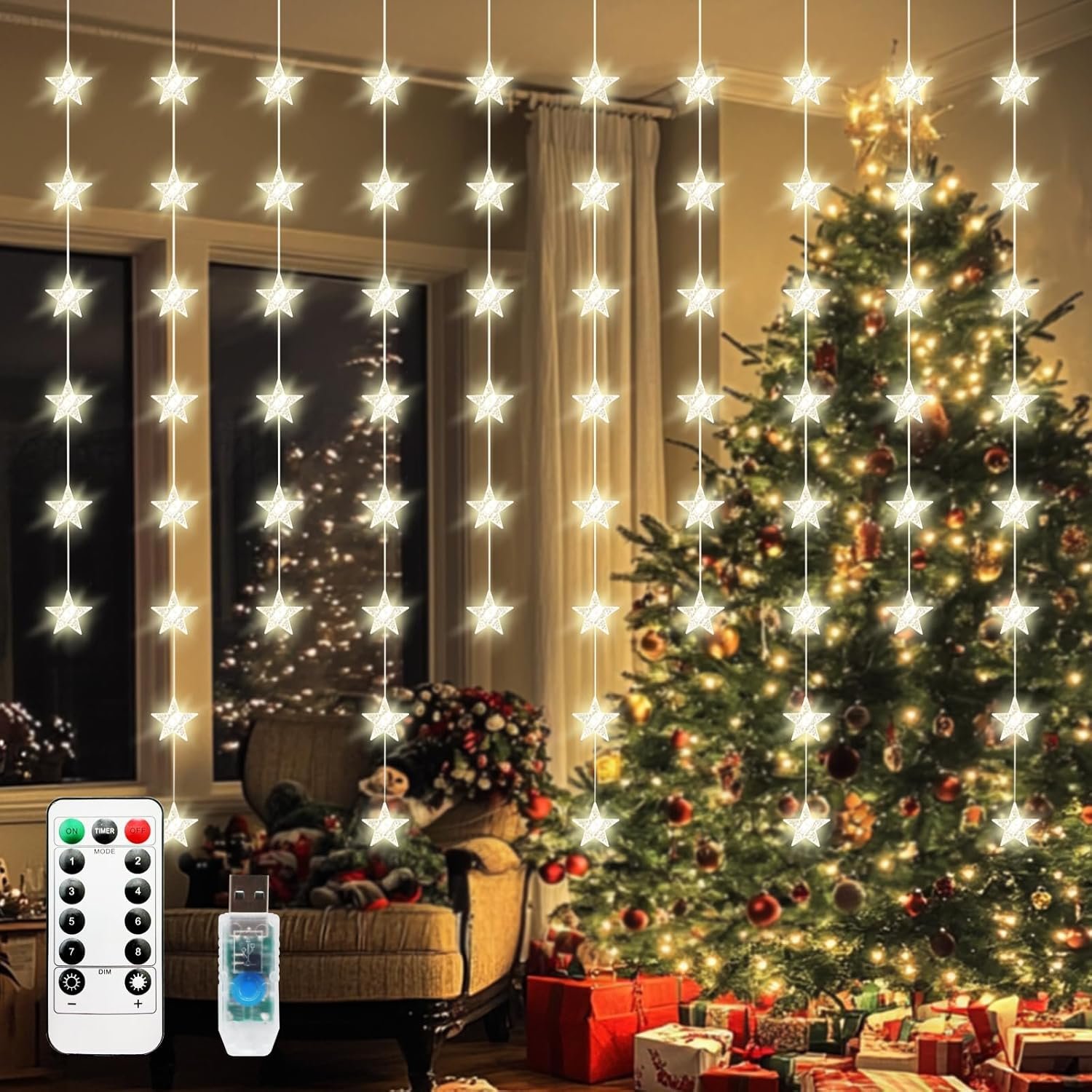 Star Curtain Lights, Warm White Window Lights 70 Stars Hanging