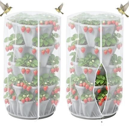 Strawberry Planter Net Cover Garden Netting with Zipper Vertical Plant Pot Stackable Planter Insect Net Cover Bird Barrier Protection Mesh for Tomato Flower (39.6 x 32.4 Inch)
